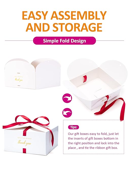 MESHA 8×8×4'' Gift Boxes with Ribbons,10PC White Gift Box with Lid, Thank you Box for Gifts,Candy Treat Boxes for Presents