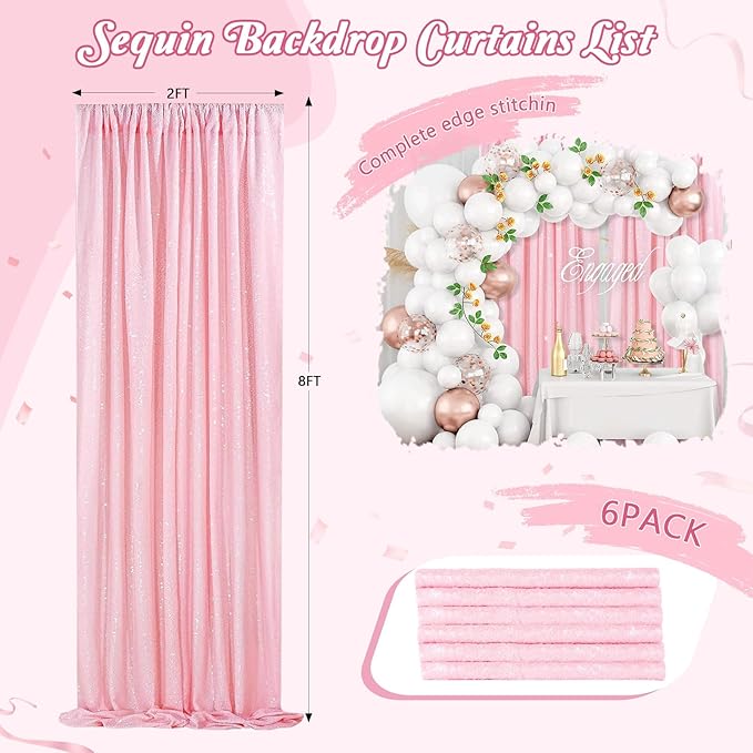 Backdrop Curtain Sequin Fabric 6 Pcs 2ftx8ft Pink Sequin Curtains Backdrop Drapes for Wedding Party Home Decorations