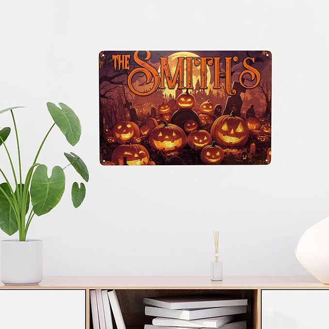 Personalized Halloween Metal Sign with Family's Name or Text Custom Pumpkin Wall Decor Signs Fade Resistance for Indoor Outdoor Spooky Gifts for Friends Family
