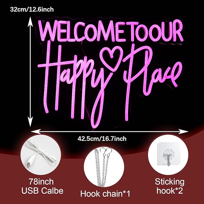 Welcome To Our Happy Place Neon Sign LED Pink Our Happy Place Neon Light With USB for Wall Decor Dimmable Happy Letters Light Up Sign for Bedroom Wedding Party Home Decor (16.7 * 12.6In)