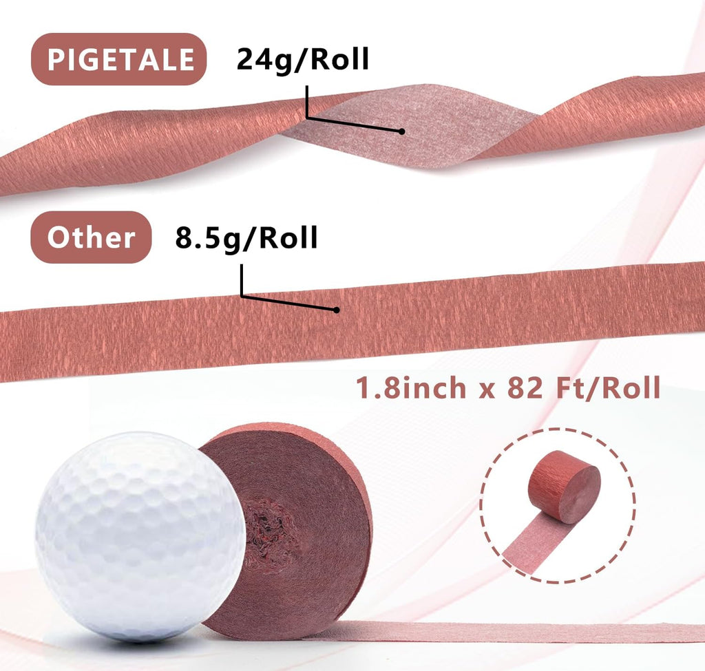 PIGETALE Crepe Paper Streamers 4 Rolls 328ft, Pack of Metallic Rose Gold, Pink, Dusty Pink Party Streamers for Birthday Wedding Bachelorette Baby Bridal Shower Party Decorations (1.8Inch x 82Ft/Roll)