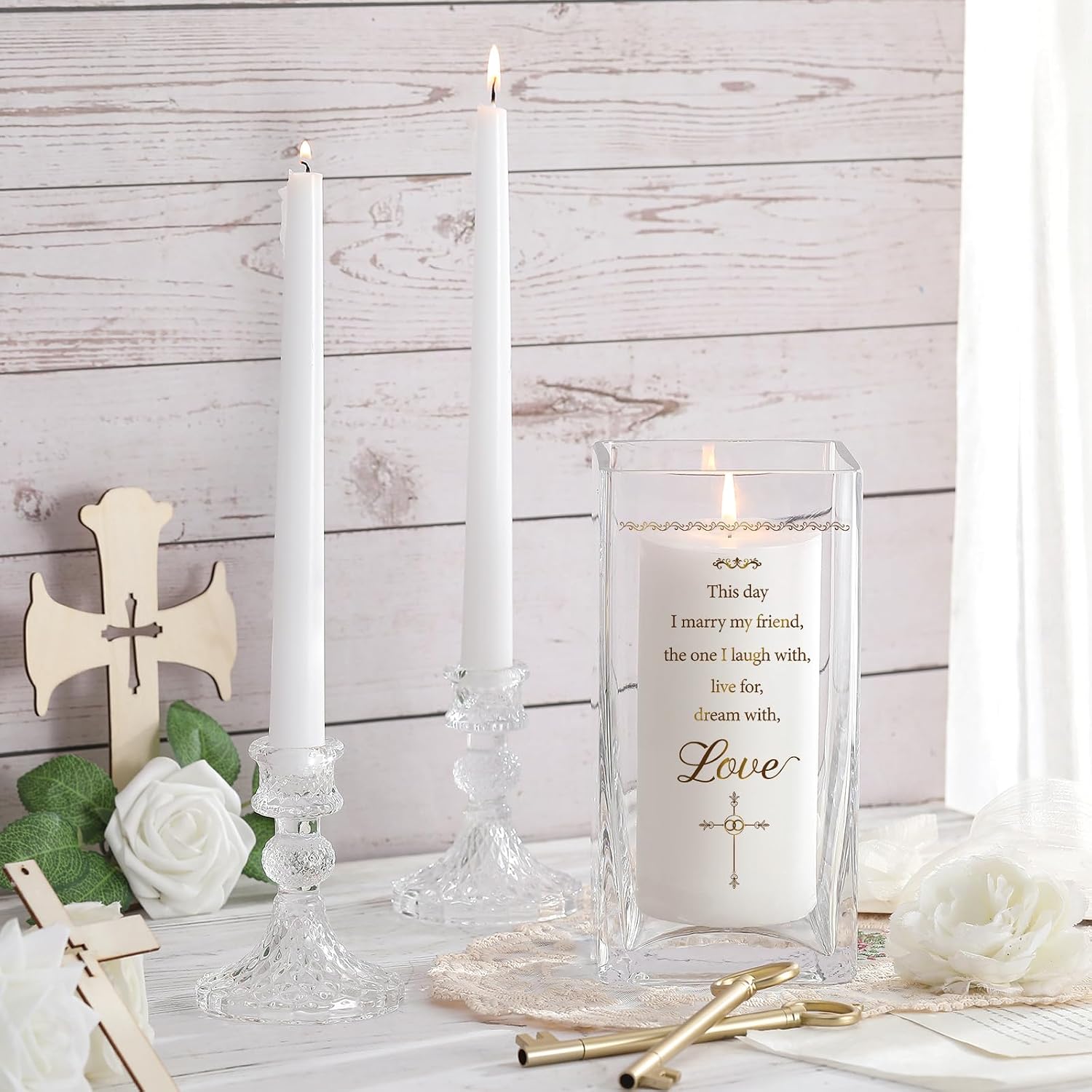 FoldTier Unity Candles with Holder for Wedding Ceremony Set 1 6" Pillar 2 9.8'' Taper Candles 3 Candlestick for Religious Formal Events Church(Cross)