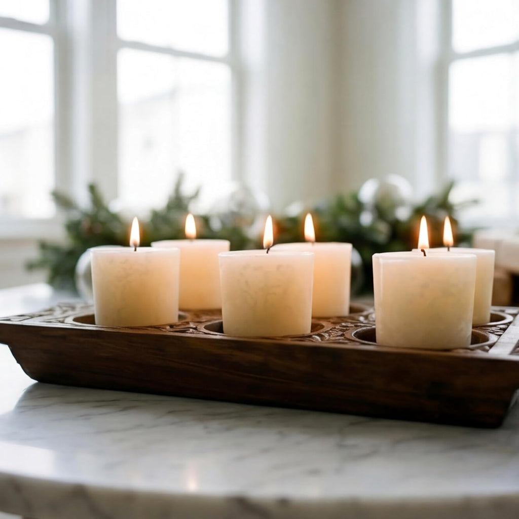 Aroma Naturals Votive Candles with Orange Clove and Cinnamon Essential Oil White Scented, Peace Pearl, 5.5x3.75x2 Inch (Pack of 6)