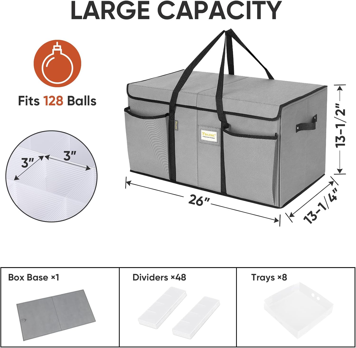 BALEINE Christmas Ornament Storage Box with Dividers, Premium Holiday Ornaments Storage Container Bin for Xmas Decorations (128 Ball, Grey, Hard)
