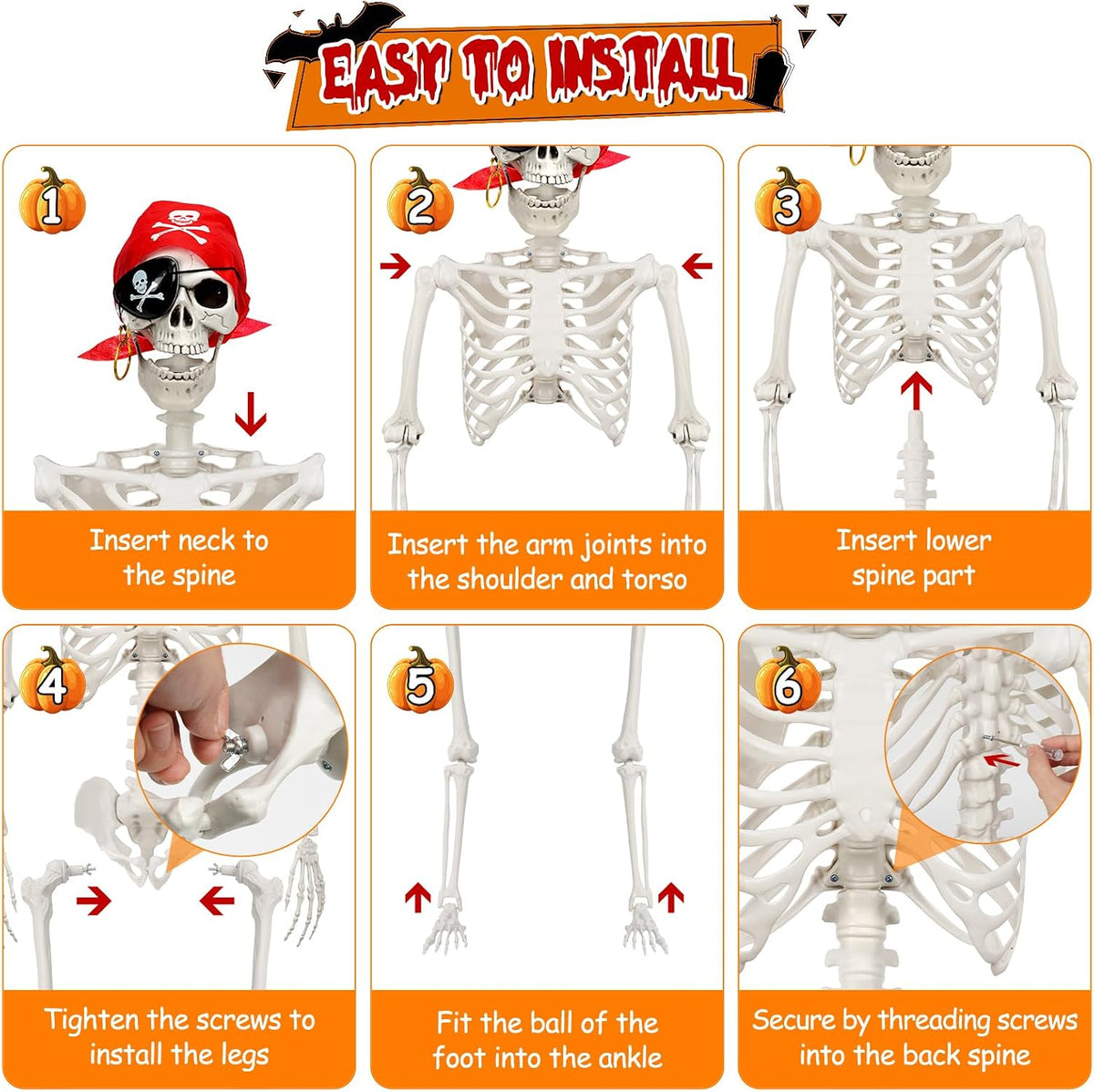 MyoGrip 5.5 FT Skeleton Halloween Decorations, Posable Full Body Life-Size Sk...