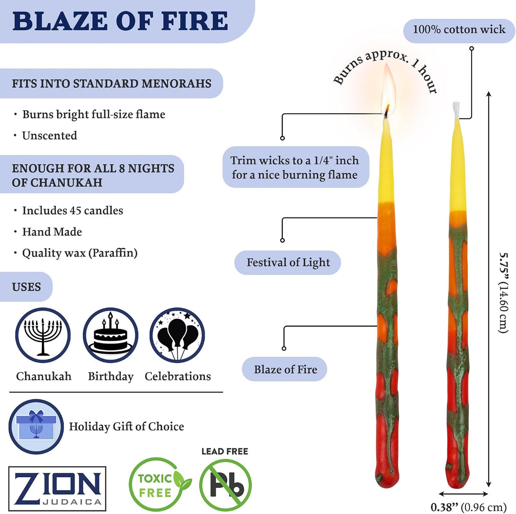 Zion Judaica Deluxe Chanukah Candle Set Blaze of Fire 45 Hand Made Thin Long Decorative Hanukkah Candles for Menorah Includes Prayer Card and DIY Dreidel Décor Candles for Parties Celebrations
