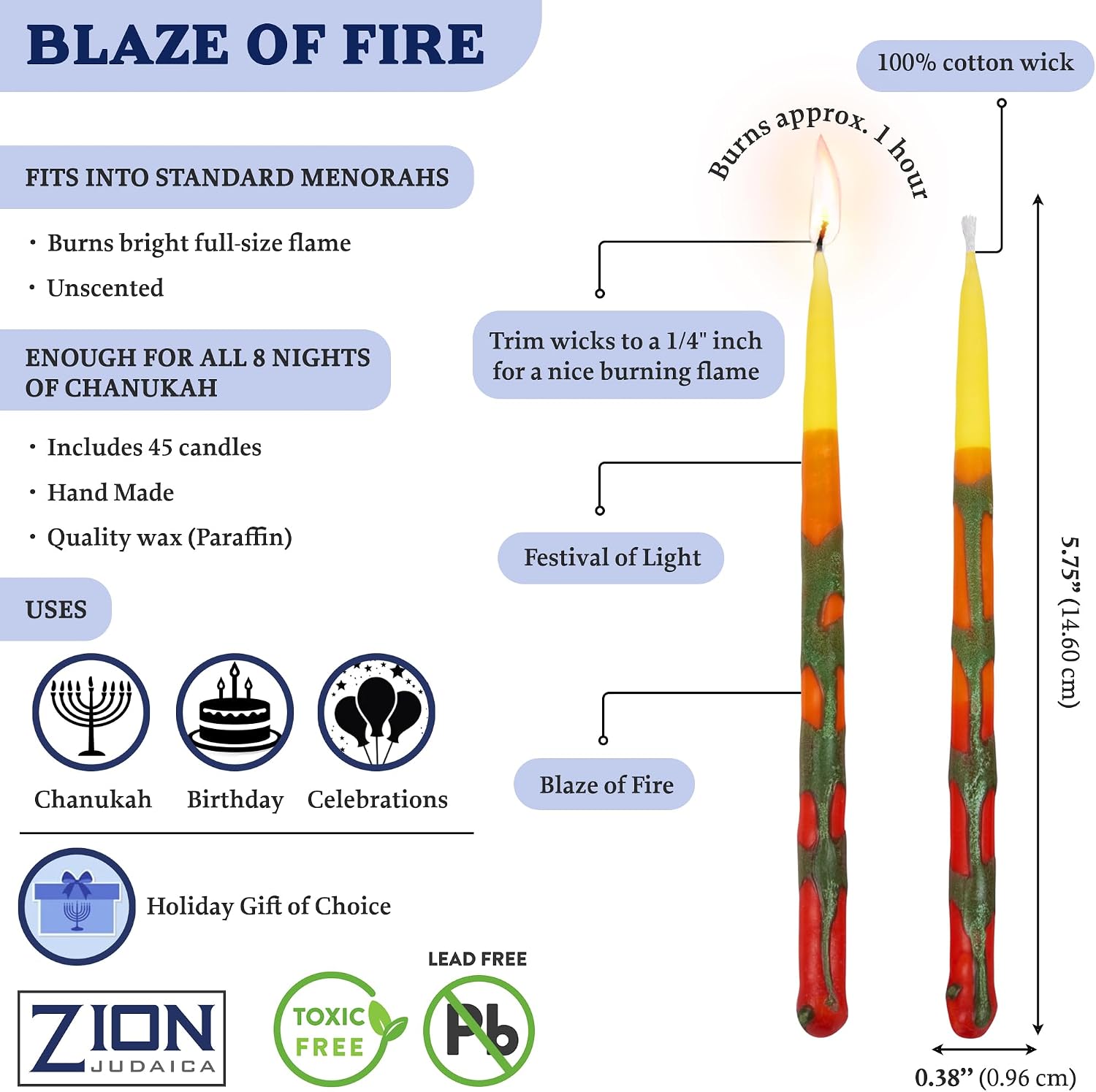 Zion Judaica Deluxe Chanukah Candle Set Blaze of Fire 45 Hand Made Thin Long Decorative Hanukkah Candles for Menorah Includes Prayer Card and DIY Dreidel Décor Candles for Parties Celebrations