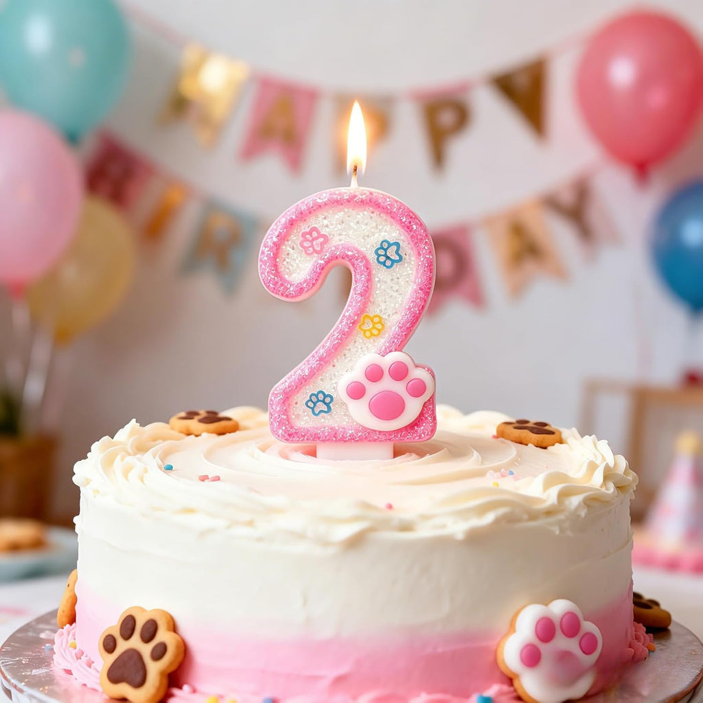 Dog and Cat Paw Number Candles for Cake Decoration, Pink Kitten Paw Number 2 Candle, Dog Themed Birthday Cake Topper for Party Decorations