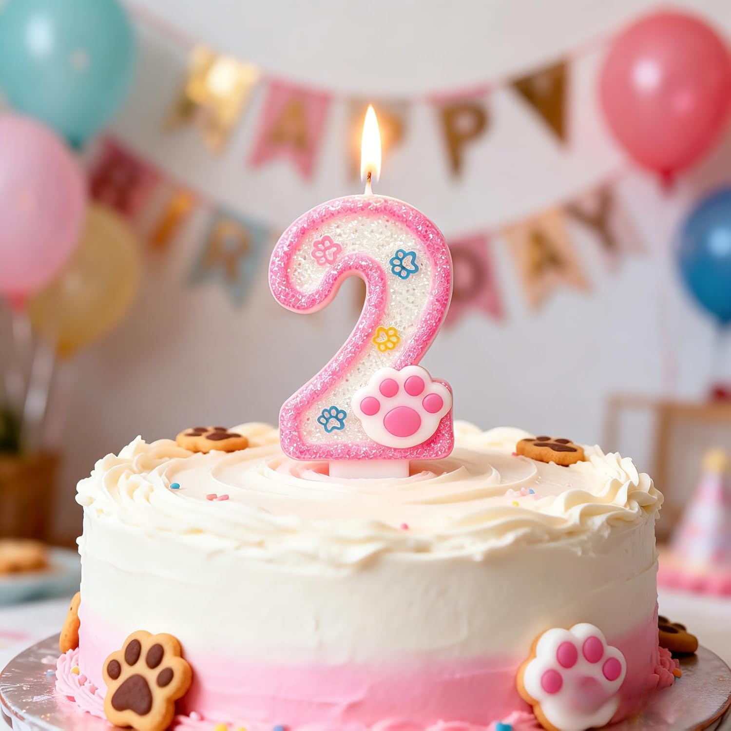 Dog and Cat Paw Number Candles for Cake Decoration, Pink Kitten Paw Number 2 Candle, Dog Themed Birthday Cake Topper for Party Decorations