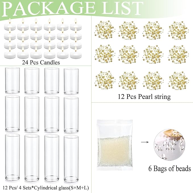 Set of 12 Glass Cylinder Vases for Centerpieces with 8 Pack Vase filler 12 Pearl String 24 White Floating Candles for Centerpieces, Table Center pieces for Wedding Party Home Decor 5, 6, 8 Inch