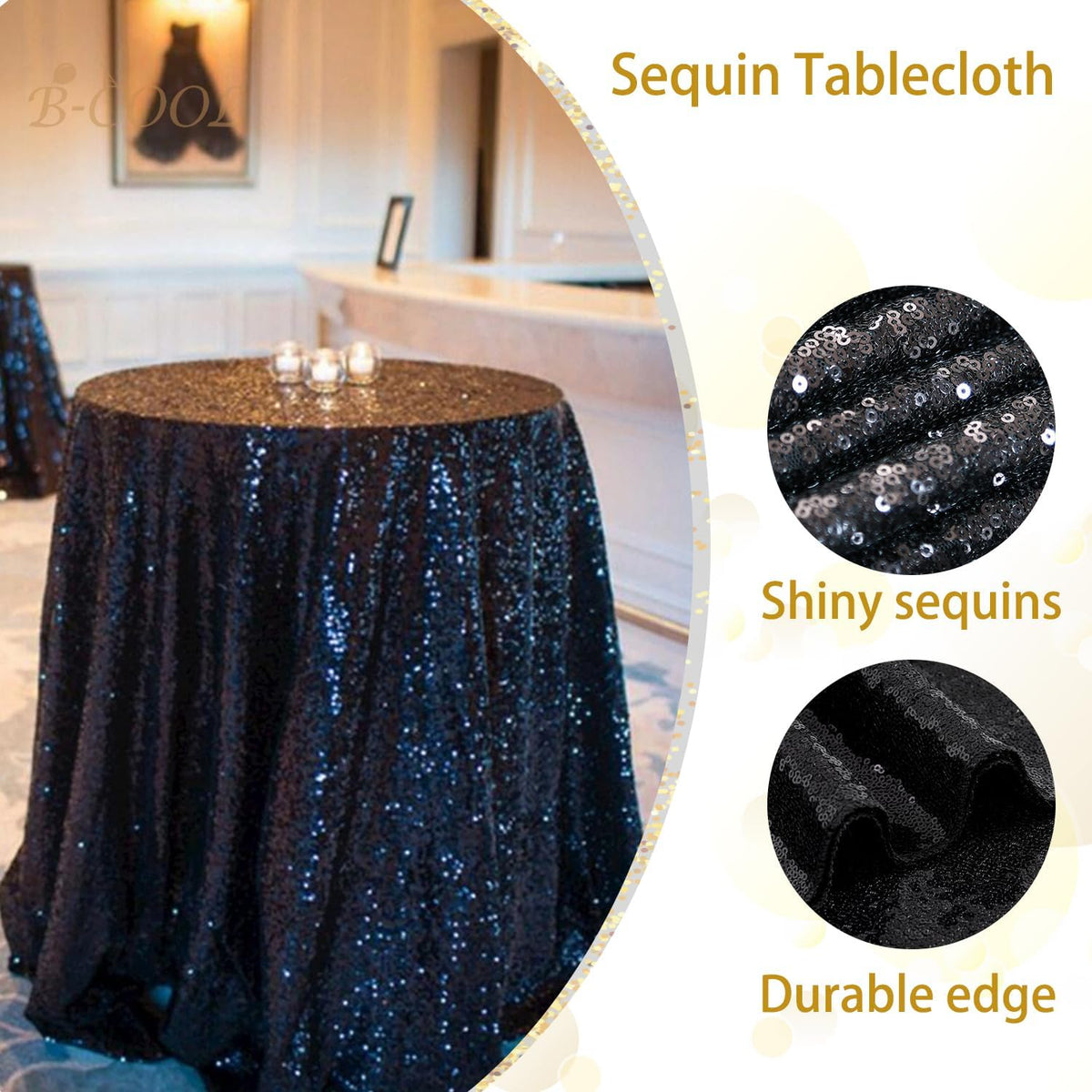 B-COOL Black Sequin Tablecloth Parties Decor Round Sequin Overlay Shimmer