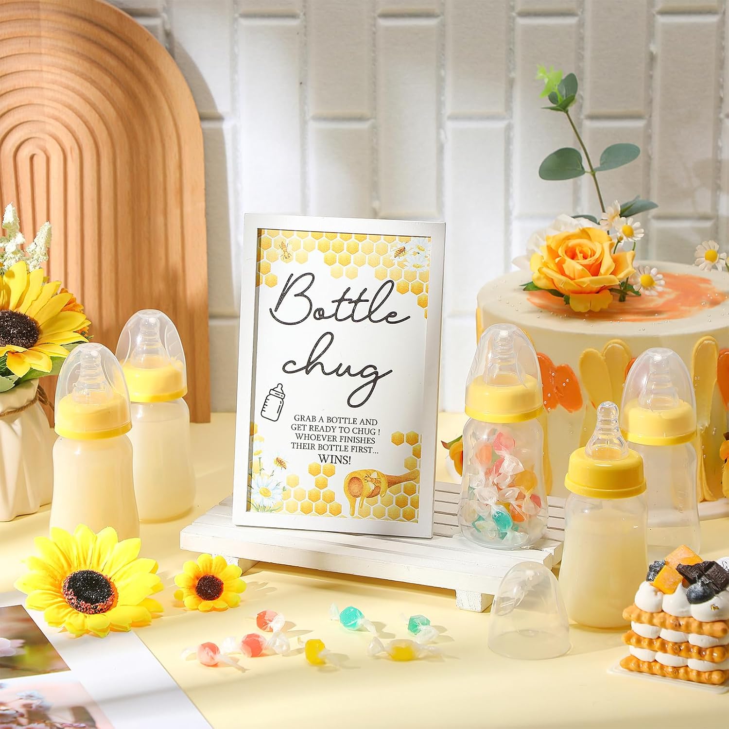 Roowest Bottle Chug Baby Shower Games Favors Including 18 Pcs Bottles with 1 Bottle Chug Wooden Sign for Gender Reveal Baby Shower Party Supplies(Yellow,Bee)