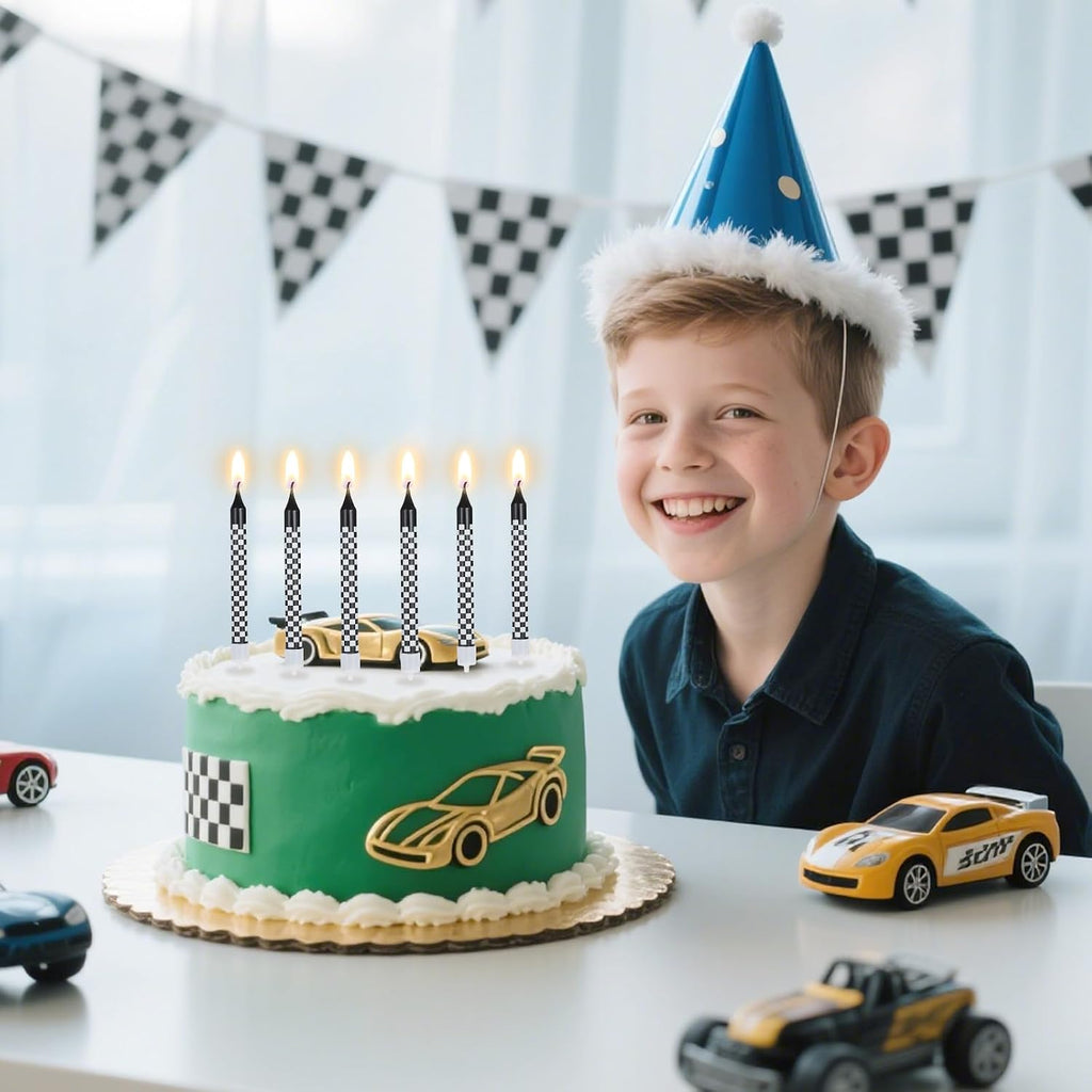 12Pcs Race Car Birthday Candles Cake Topper for Birthday Party Decorations | Black and White Checkered Flag Themed Cupcake Topper for Racing Birthday Decorations Party Supplies