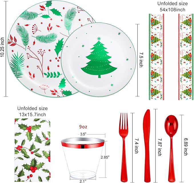 Festiva 176Pcs Christmas Plastic Plates Heavy Duty- Christmas disposable Dinnerware Set-include 50Plates 25Plastic Silverware 25Cups 25Holly Berry Napkins