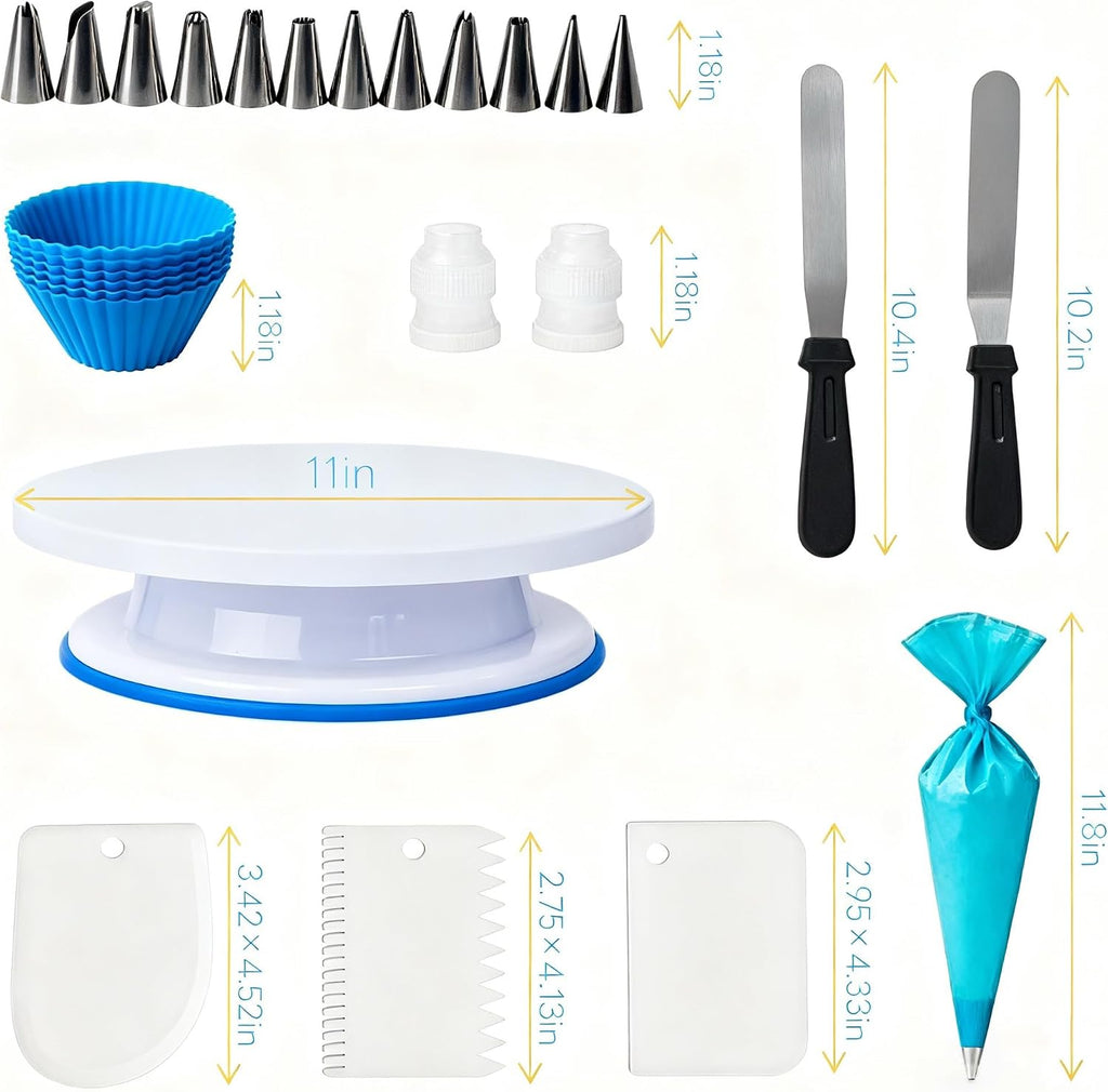 82 Pcs Cake Decorating Kit with Non-Slip Turntable, Stand,Leveler, 12 Piping Nozzles, Spatulas,Cupcake, 2 Reusable & 50 Disposable Bags,Complete Starter Set for Beginners & Home Bakers