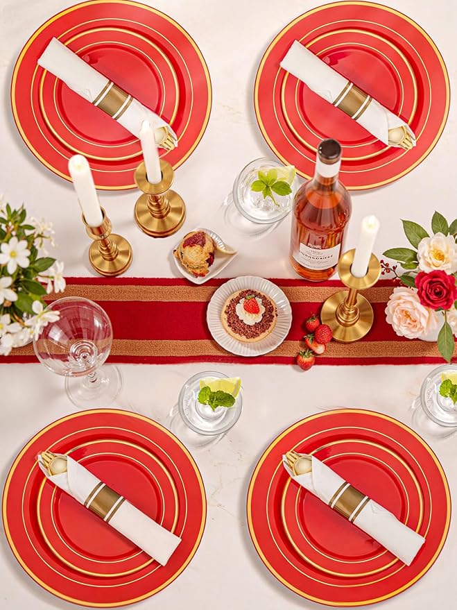 350Pieces Christmas Plates with Gold Plastic Silverware - Red Plastic Plates with Gold Rim Include 50Dinner Plate 10”, 50Dessert Plate 7”, 50 gold Cups 9 OZ, 50 Pre Rolled Napkins for Christmas/Party