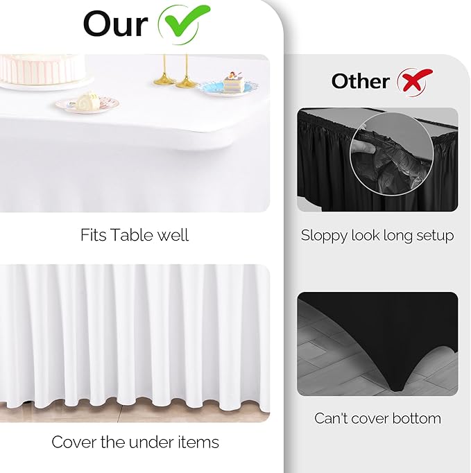 6 Pack White Spandex Table Clothes for 8 Foot Rectangle Tables, 8FT Wrinkle Free Fitted Tablecloths Ruffles Design Table Cover for Party, Banquet, Wedding and Events
