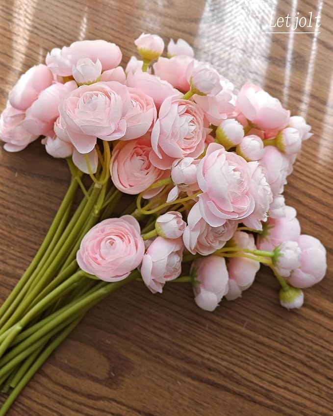 Letjolt Ranunculus Artificial Flower Pink Silk Flowers Faux DIY Bouquet for Wedding Engagement Centerpieces Arrangements Bridal Shower Decorations Home Decor 18pcs