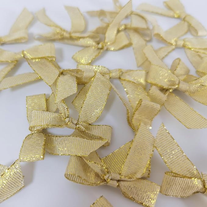 50pcs/pak 1-1/2" Mini Metallic Gold Ribbon Bows Without Twist Ties for Crafts Candy Packing Decor Christmas Halloweeen Decoration (W.Gold)