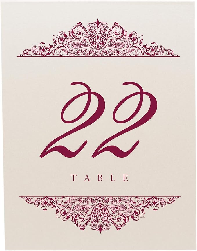 Paisley Wedding Table Numbers (Select Color/Quantity), Champagne, Burgundy, 1-55, Double Sided, Tent or Use in a Stand, Great for Parties & Restaurants - Made in the USA
