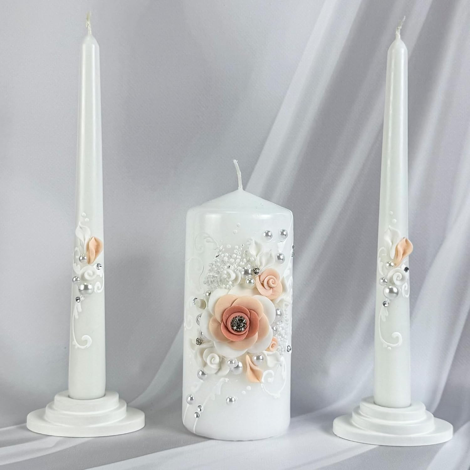 Unity Candle Set - Wedding Ceremony & Reception – 6” Pillar & Two 10” Taper Candles – Long Burning Unity Candles for Marriage Ritual – Handmade in USA – White | Rose