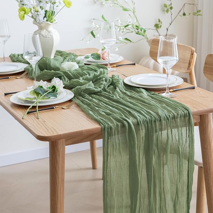 Asee'm 4pcs Cheesecloth Table Runner 120 Inches Sage Green Boho Gauze Cheese Cloth Runner 10FT Rustic Sheer Table Runners for Summer Wedding Baby Shower Holiday Party Decoration