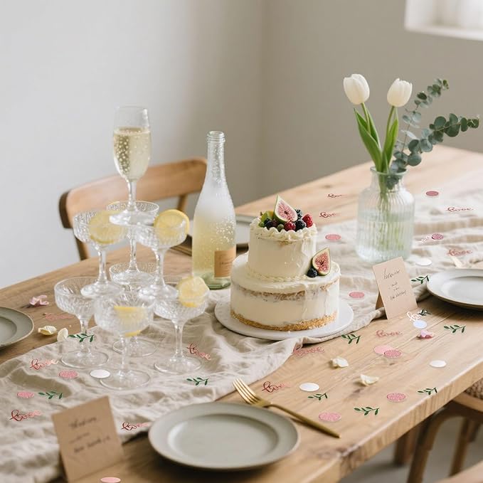 200 Pcs Rose Gold Glitter Wedding Table Confetti, Greenery Eucalyptus, Bridal Shower Decorations, Pink Love Confetti, Engagement Party Scatters