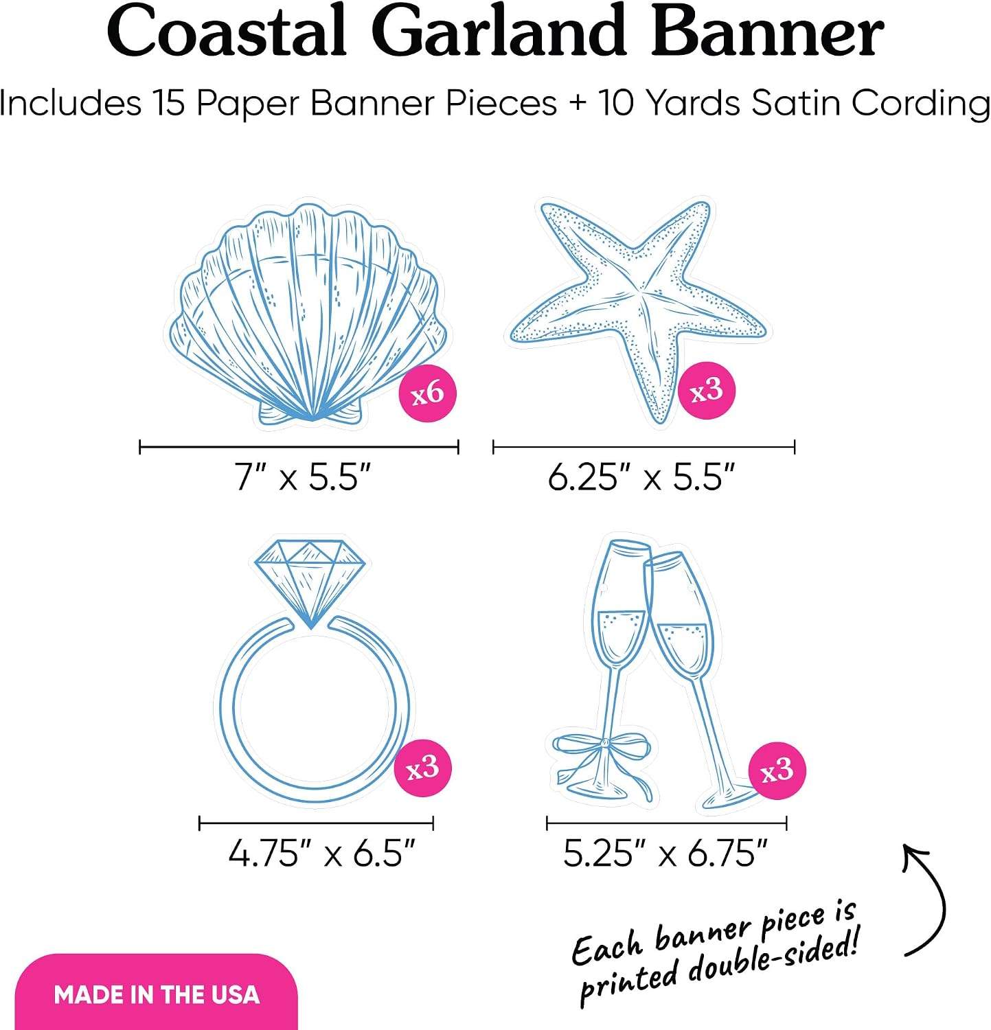 Big Dot of Happiness Last Toast on The Coast Banner, Beach Bridal or Bachelorette Party Decor, 30 Feet of Cord, 15 Double-Sided Seashells, Champagne Glasses, Wedding Ring Shaped Pieces