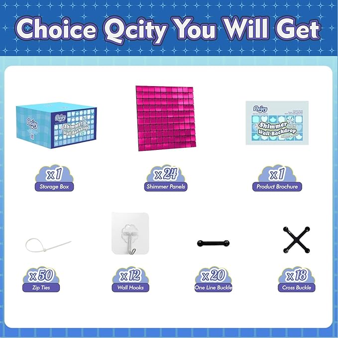 Qcity Hot Pink Shimmer Wall Backdrop 24PCS, Black Back Not See-Through Design, Square Sequin Glitter Backdrop Panel, Perfect for Outdoor Events, Birthdays, Wedding and Party Decoration