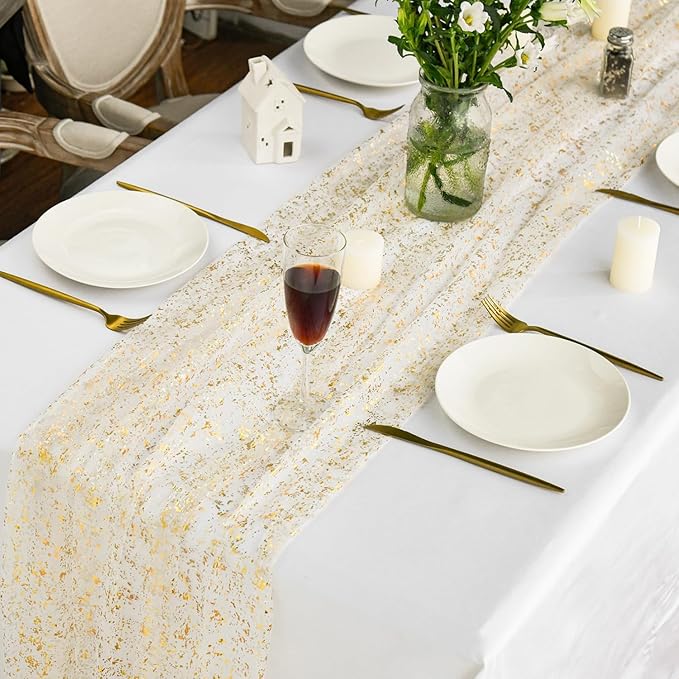 Artoid Mode Beige Gold Gauze Table Runner 120 Inch 10FT, Glitter Metallic Foil Sheer Dining Wedding Anniversary Holiday Birthday Table Decor for Home Party