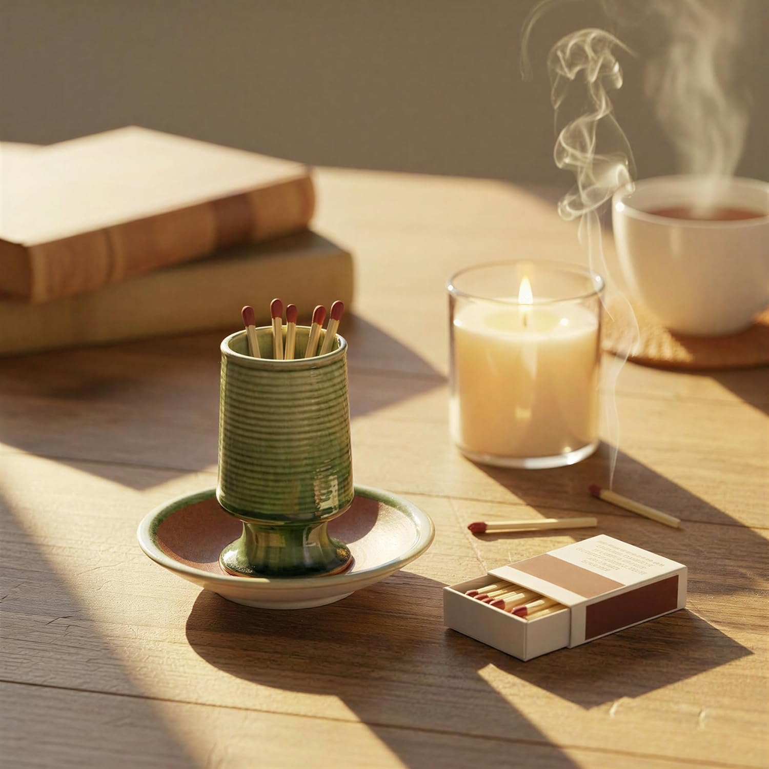 Creative Co-Op Stoneware Match Holder with Striker Plate, Reactive Glaze, Green (Each One Will Vary)