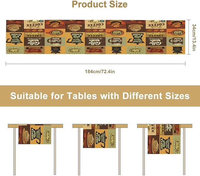 Coffee Table Runner,Vintage Style Coffee Beans Cups Theme Design Pattern Print Tablecloth Burlap for Hotel Indoors Outdoor Dining Room Kitchen Holiday Party, 13x60in