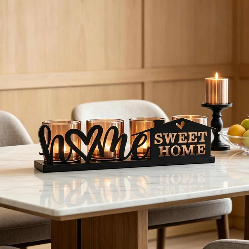 Amber Glass Candle Holder with Farmhouse Wood Tray, Sweet Home Tealight Holder Centerpiece for Dining Table, Rustic Metal Sign Votive Tray for Fireplace Mantel Living Room Decor Housewarming Gift