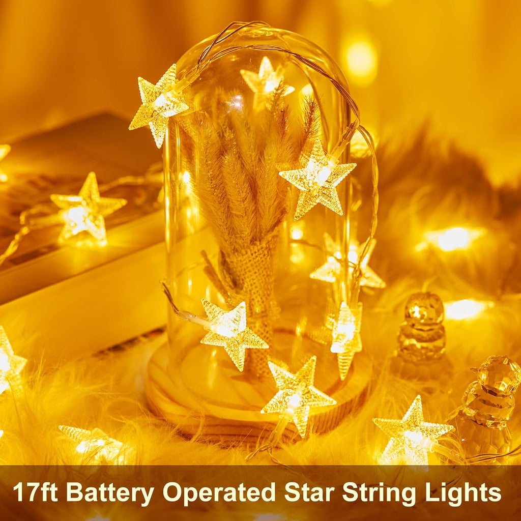 Minetom Star String Lights Battery Operated - 17 ft 50 LED Star Fairy String Lights with Timer, Waterproof for Indoor Bedroom Tent Loft Bed Patio Party Wedding Ramadan Decorations, Warm White
