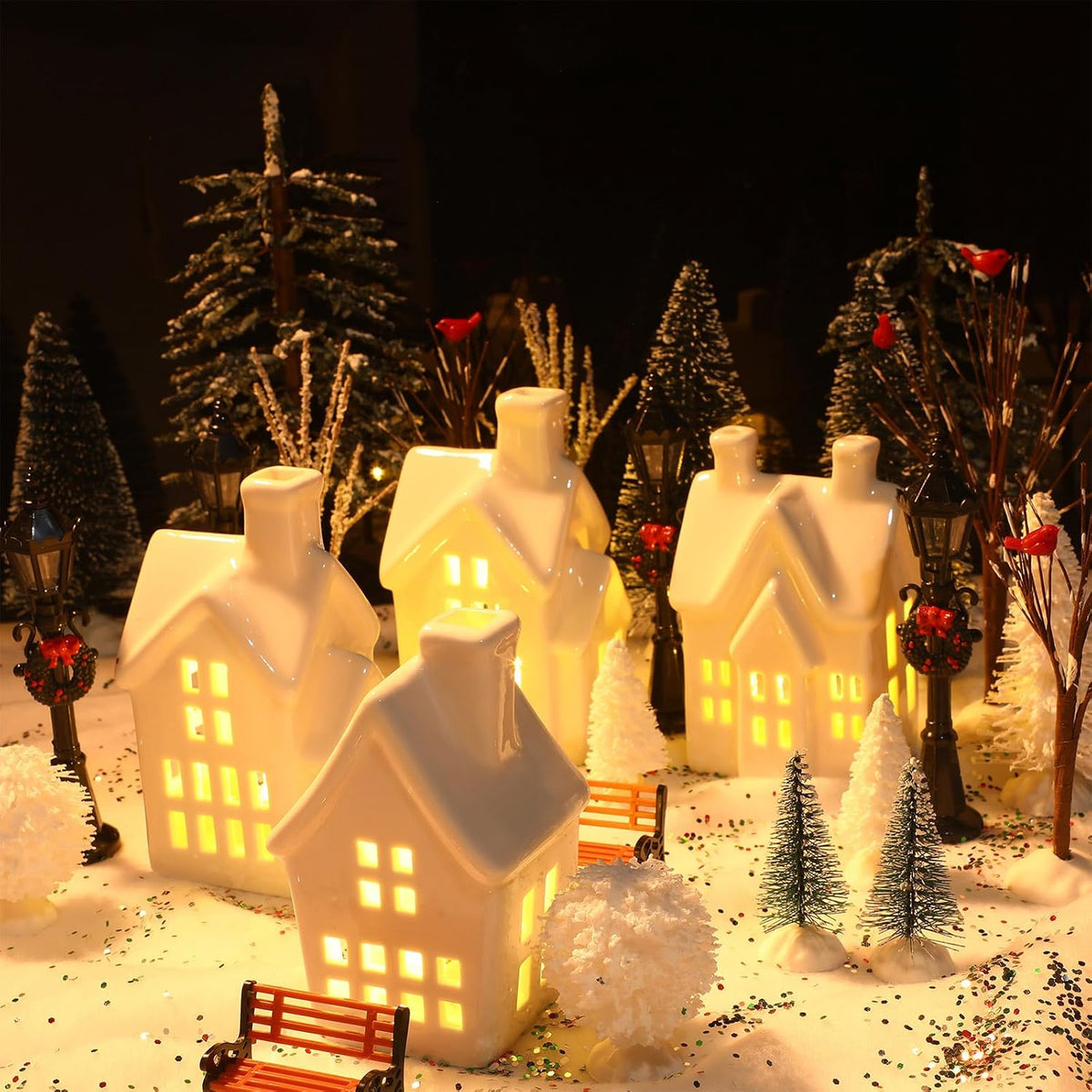 ceramic christmas village sets with led light winter showing dimensions