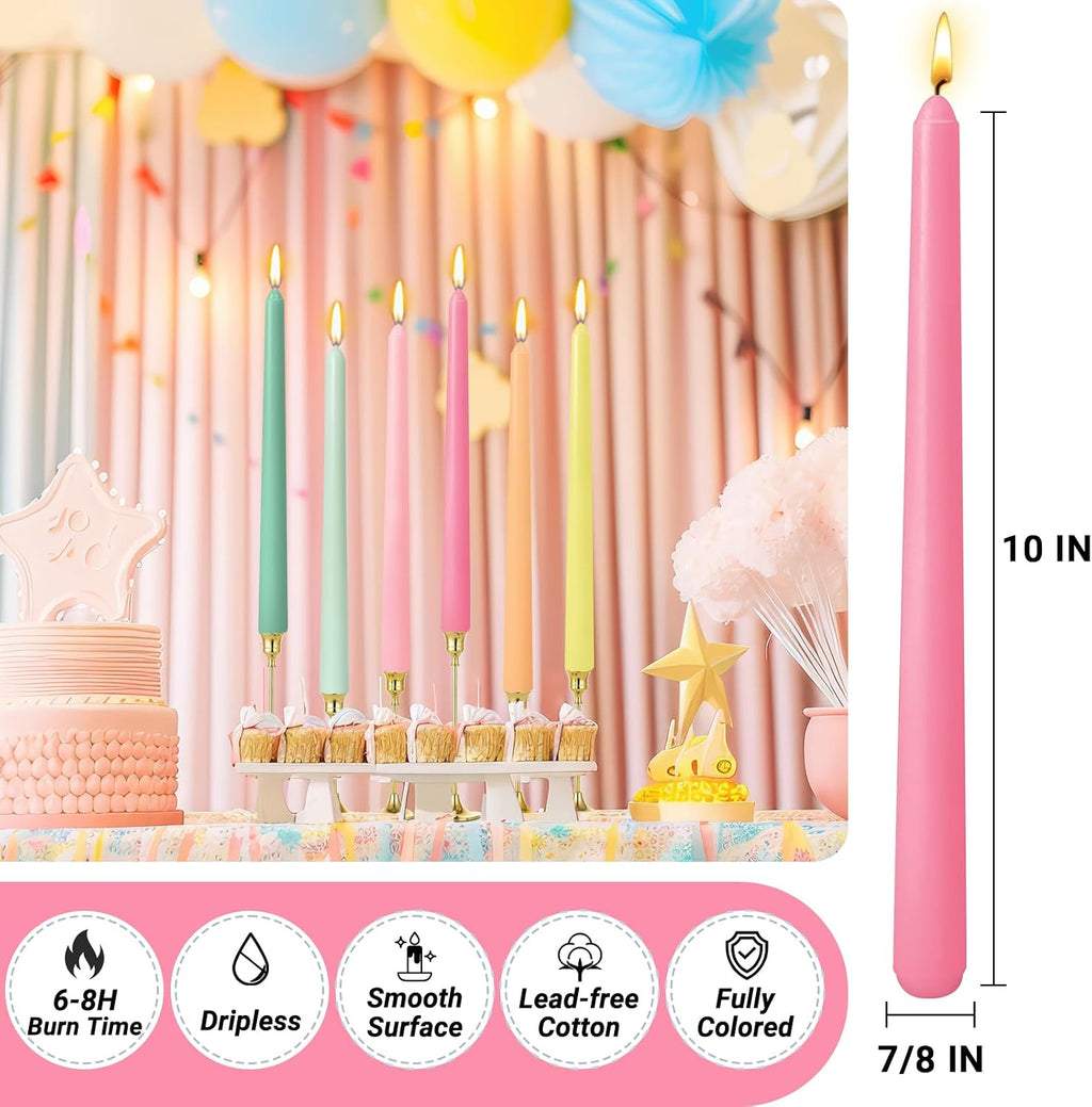 12 Pack 10 inch Dopamine-Color Taper Candle Set for Holiday Dinner Party, Unscented Long Candlesticks, Dripless and Smokeless, 7-8 Hours Burn