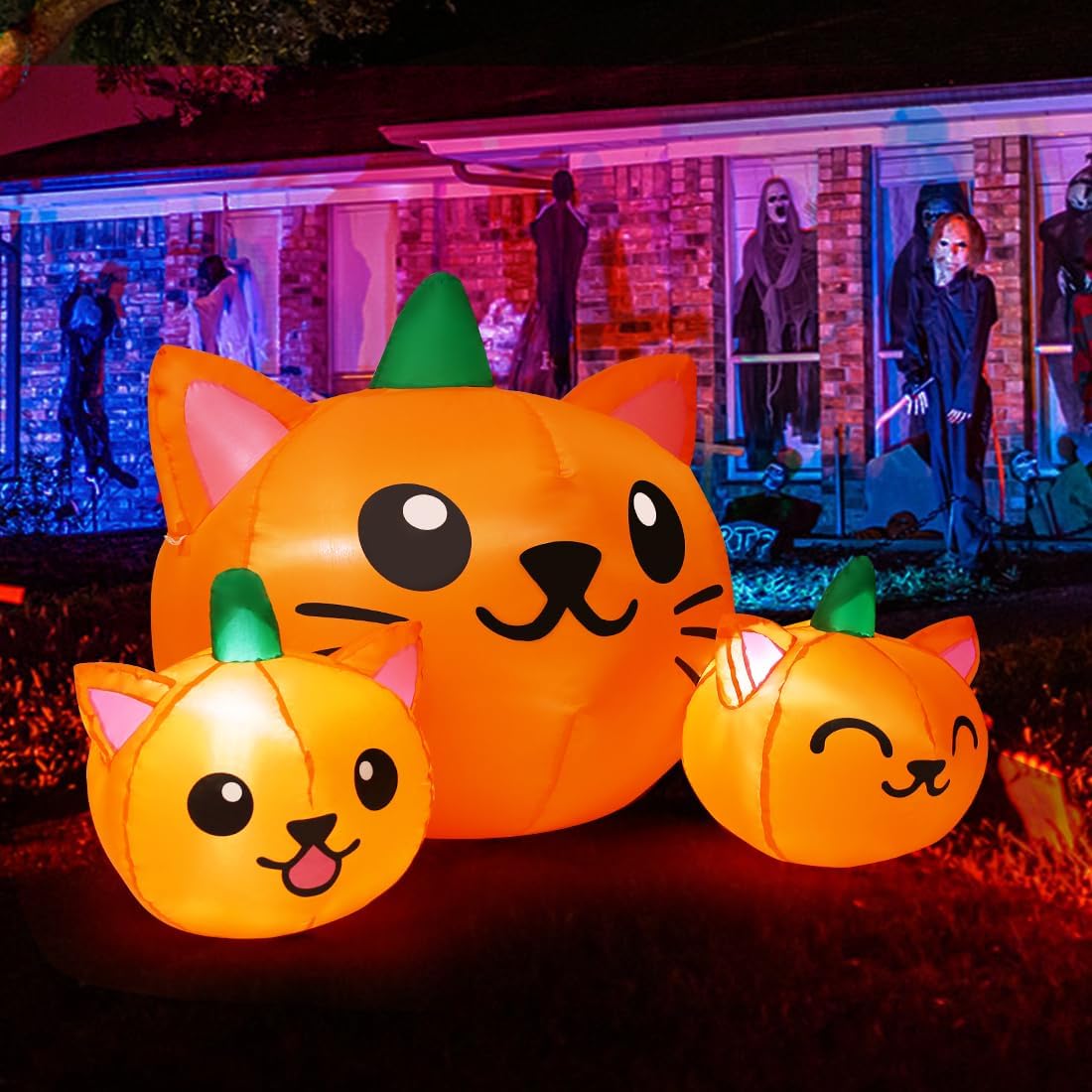 comin halloween inflatable 5ft long three pumpkin cat, main product view