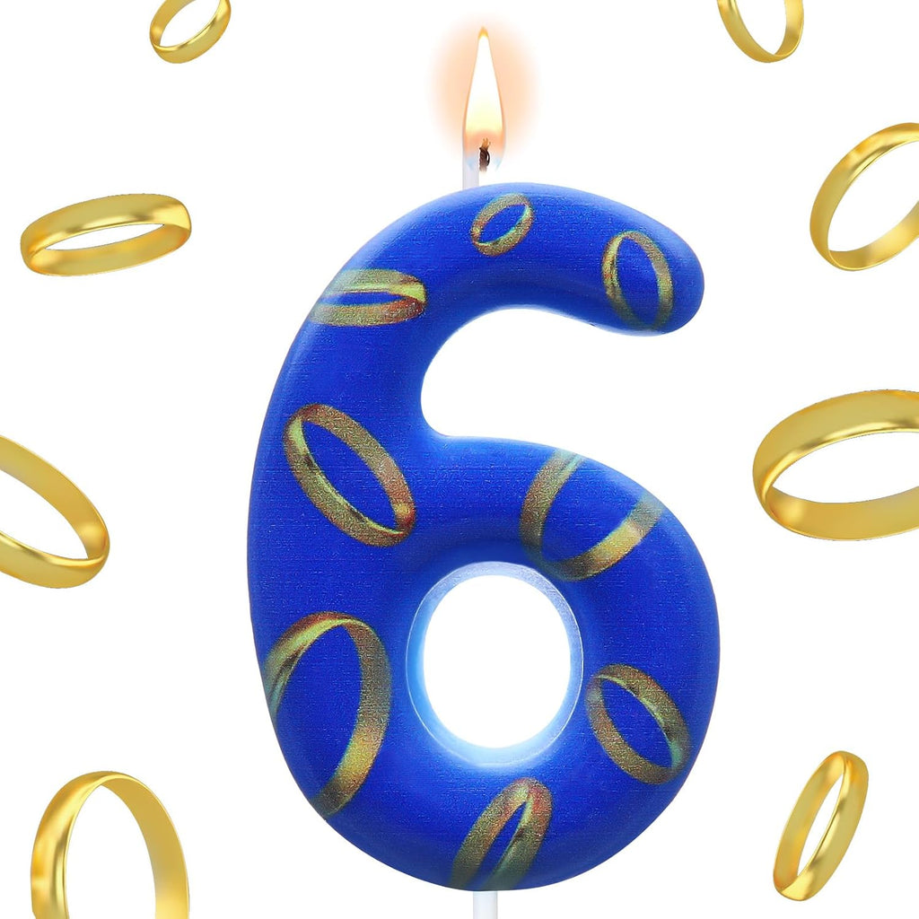 Conelist Number 6 Birthday Cake Candles Blue and Golden Rings Number Candle with Vibrant Designs for Boys & Girls, Theme Birthday Decorations, Cake Toppers for Theme Parties