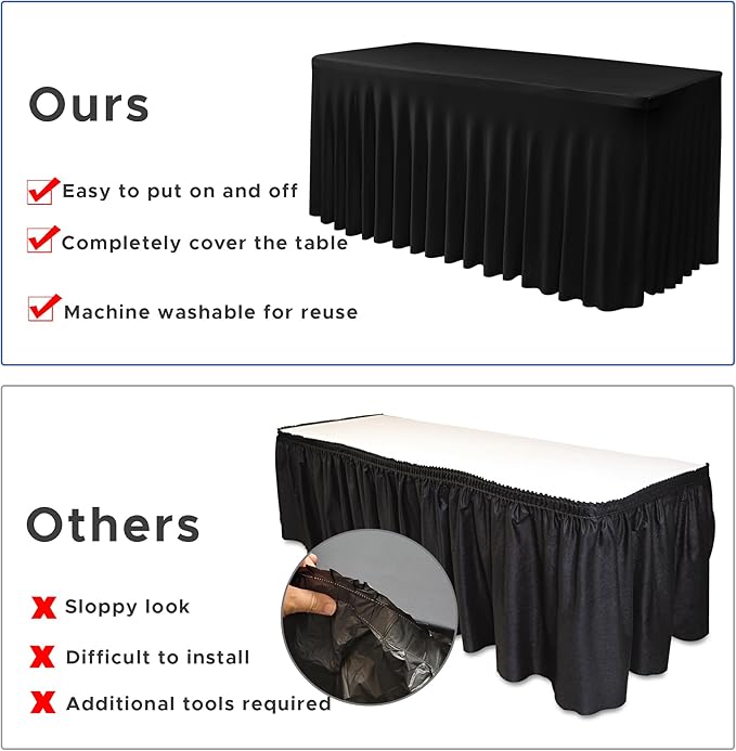 Nasitos Black Table Skirt for 6 Foot Rectangle Tables, 4 Pack - 72 x 30 Inch - Stretch Spandex Fitted Table Clothes, Fabric Table Covers Cocktail Tablecloths for Party, Banquet, Birthday