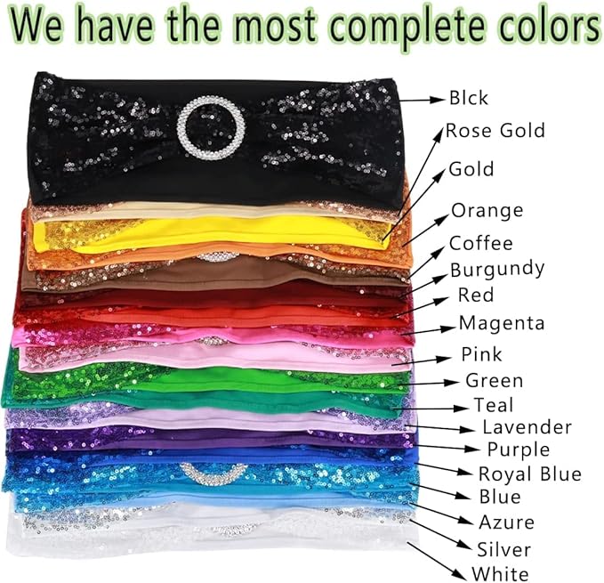 Chair Sashes Sequin Stretch Chair Bands Spandex Polyester Bows for Party Hotel Wedding Banquets Decoration - 6 Pcs Aqua