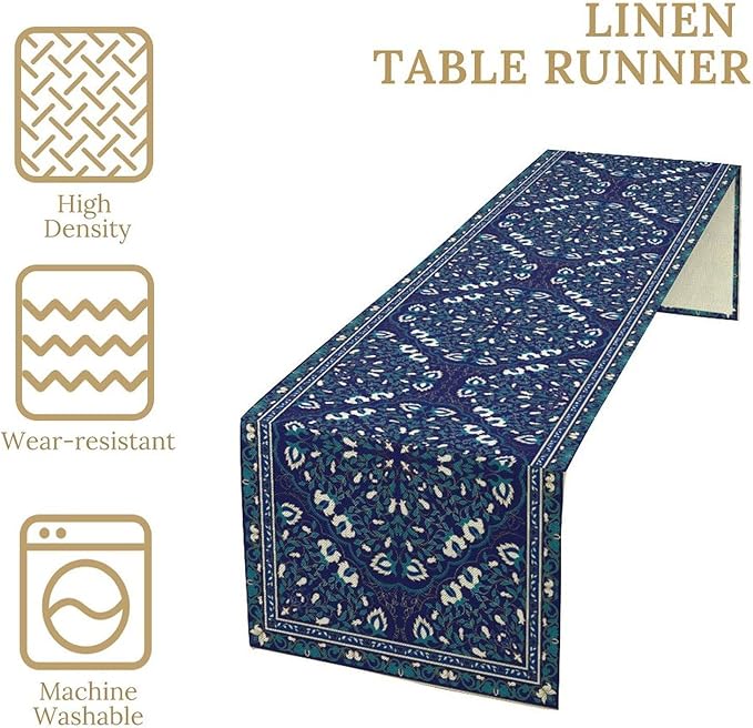 Boho Floral Vintage Table Runner, Retro Morris Abstract Blue Flower Rustic Country Farmhouse Pattern for Home Kitchen Table Decor Dining Coffee Room Wedding Party Decor 13x36in