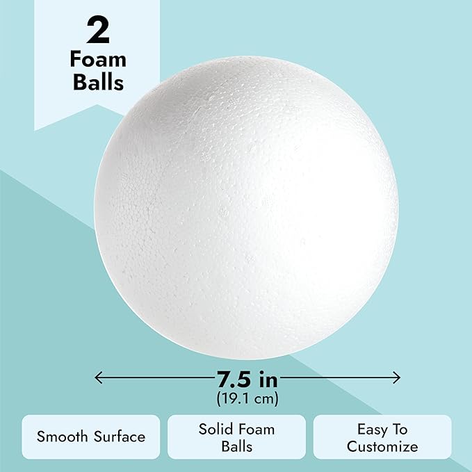 Juvale Sphere Craft Foam Balls - 7.5-Inch White Polystyrene Spheres - 2 Pack for DIY Projects, Floral Centerpieces & Home Decor