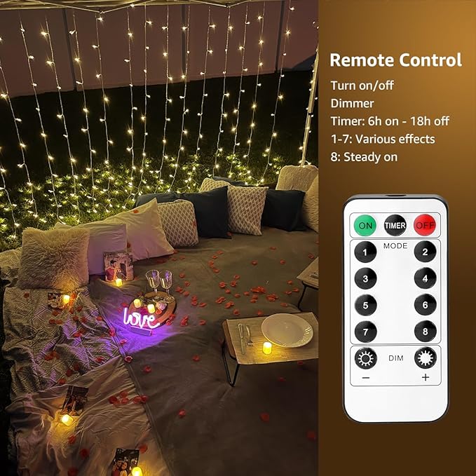 LE Fairy Curtain Lights Battery Operated & USB Plug in, Remote 10 x 10 ft Hanging String Lights for Bedroom Wall, 300 LED Indoor Outdoor Twinkle Lights for Wedding Party Backdrop Tent, Patio, Gazebo