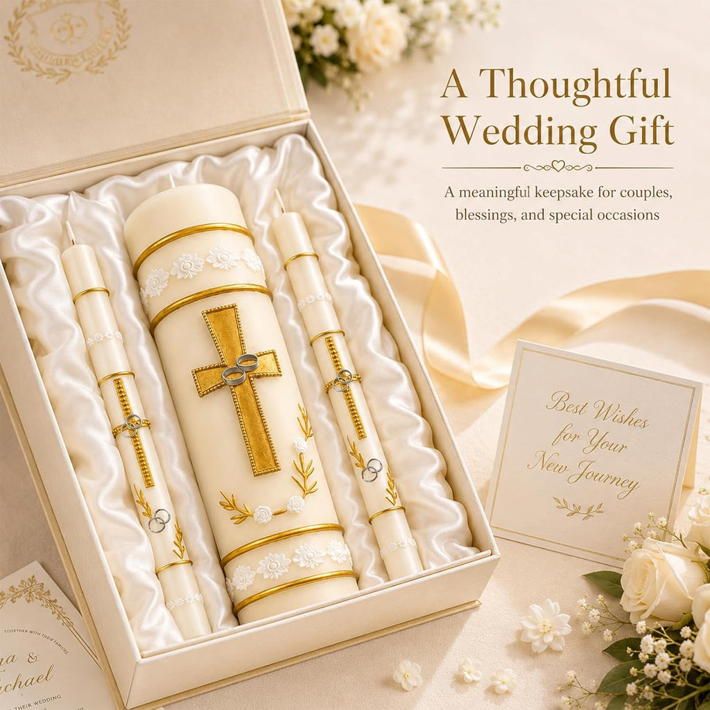 Unity Candles for Wedding Ceremony Set,Wedding Candles 1 Pillar 11.5 Inch and 2 Taper 10 Inch Set 3,Catholic Religious Ceremony Accessories,Velas para Boda (Cross & Rings)