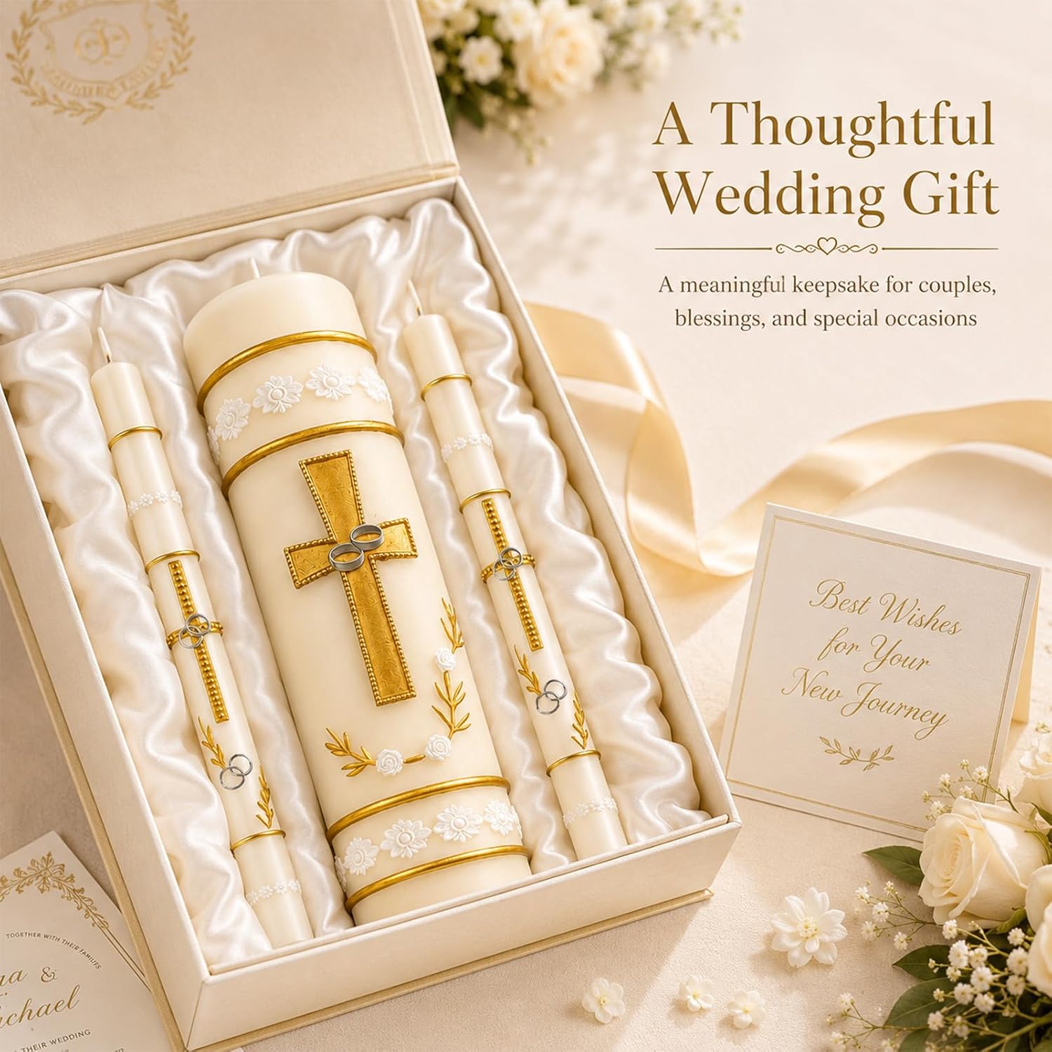 Unity Candles for Wedding Ceremony Set,Wedding Candles 1 Pillar 11.5 Inch and 2 Taper 10 Inch Set 3,Catholic Religious Ceremony Accessories,Velas para Boda (Cross & Rings)