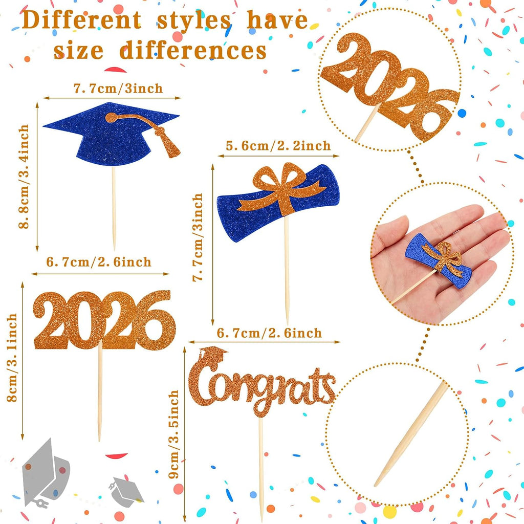 Chinco 100 Pack 2026 Graduation Decoration 2026 Graduations Cupcake Toppers Glitter Congrats Grad Cap Cake Caps Party Decorations Diploma Cupcake Picks for Graduation Party Decor(Blue and Orange)