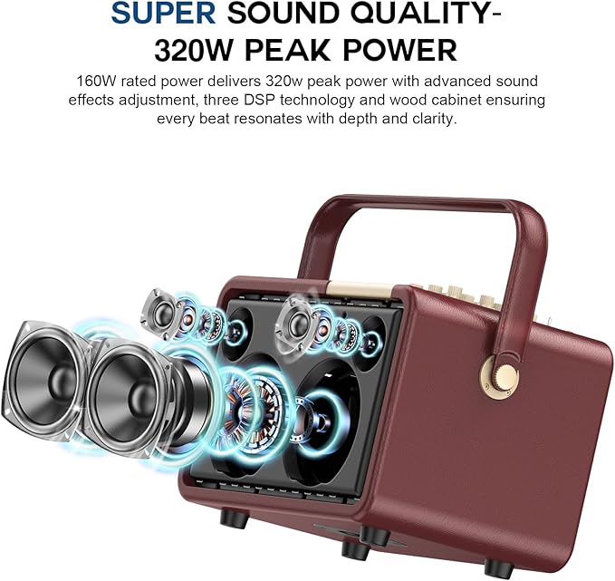 320W Peak Power Karaoke Machine with Rich Deep Bass for Adults Portable Bluetooth Singing PA Speaker System Bass/Treble Adjustment with 2 UHF Wireless Microphones for Home Party Wedding Outdoor