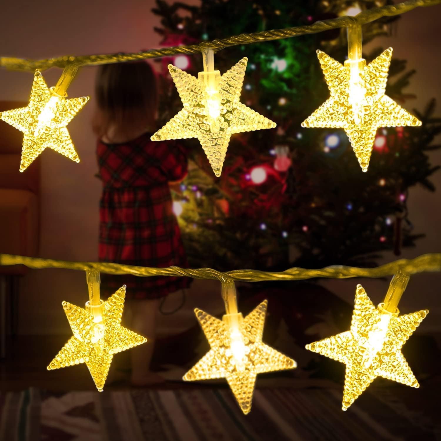 Star String Lights Plug in - 33 ft 100 LED Star Fairy String Lights with Remote and Timer, Waterproof for Bedroom Porch Wedding Party Patio Garden Tent Indoor Outdoor Décor, Warm White