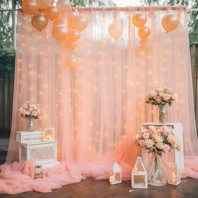 30×10ft Peach Tulle Backdrop Curtain with Lights String for Parties, Sheer Curtain Backdrop Drapes for Wedding Party Home Decorations