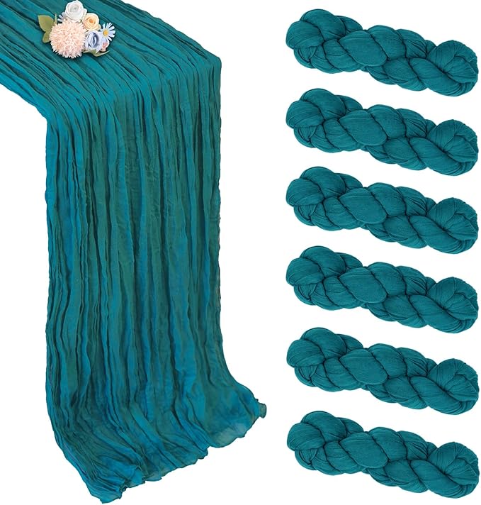 6 Pack Teal Cheesecloth Table Runner 10ft Boho Gauze Fabric Cheese Cloth Table Runner 35 x 120 Inch Rustic Sheer Runner for Romantic Wedding Decor Baby Shower Party Table Centerpiece Decoration